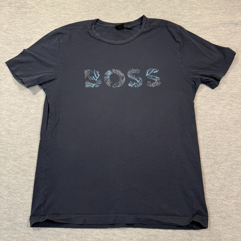 HUGO BOSS Shirt Women Medium Navy Short Sleeve‎ Graphic Logo Cotton Casual Luxur